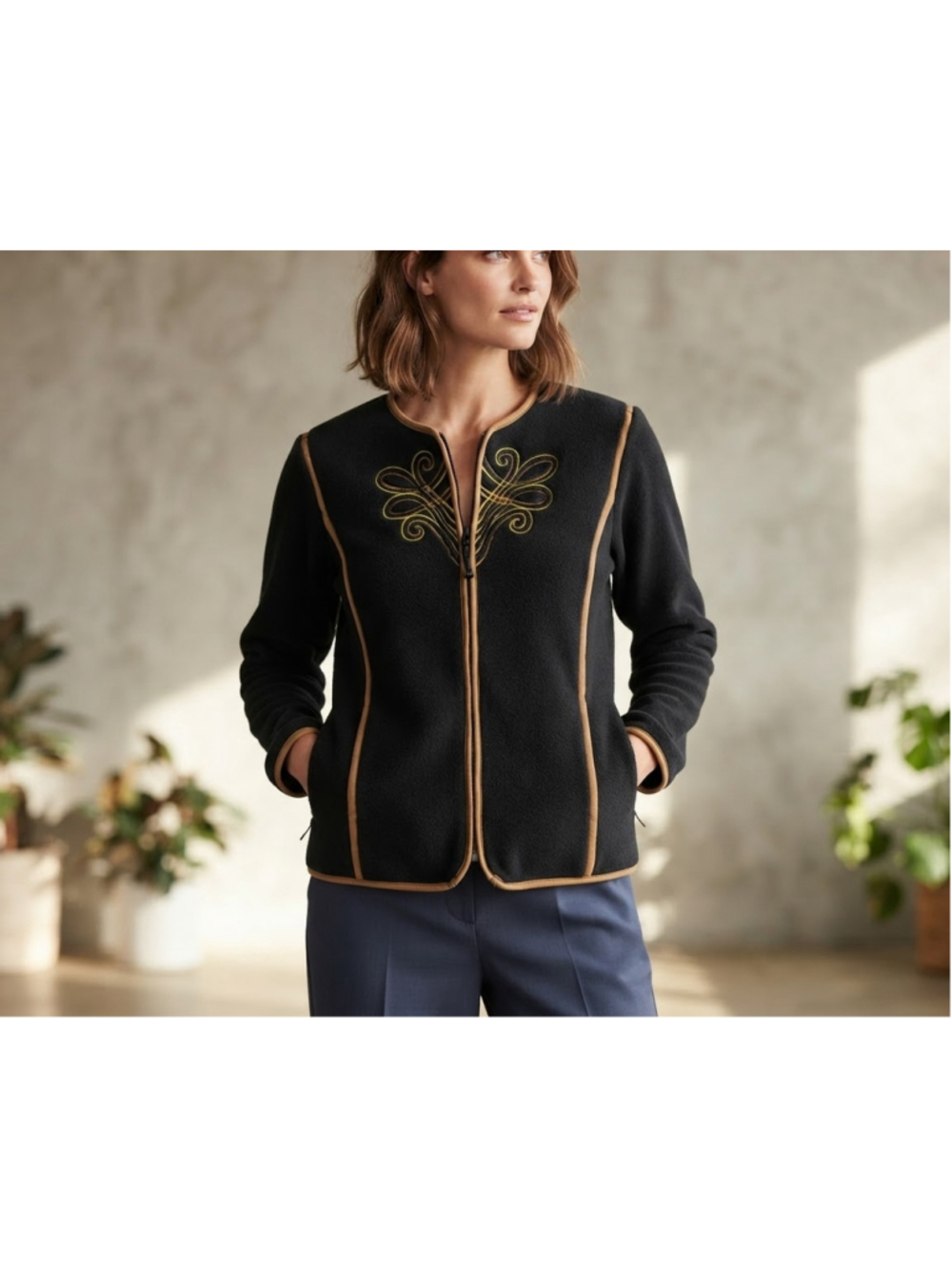 Bob Mackie Wearable Art Fleece Full Zip Jacket Black Gold 1X Cozy Cabincore GUC